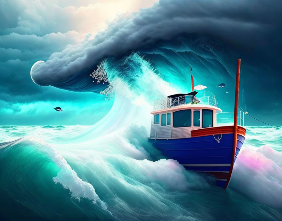 Colorful Boat on Turbulent Blue Waves Under Ominous Cloud with Birds