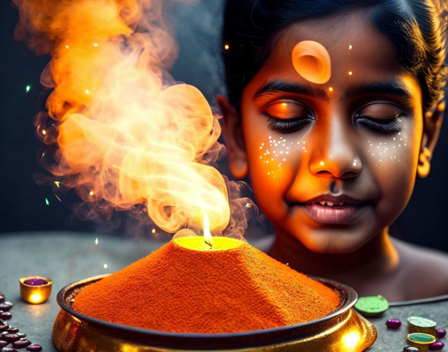 Child with closed eyes next to glowing lamp emitting smoke