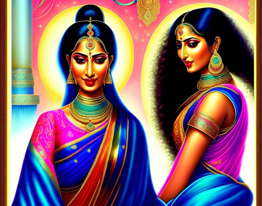 Traditional Indian women in vibrant saris and jewelry against ornamental backdrop