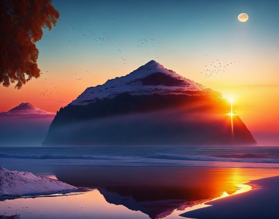 Snow-capped mountain sunset reflected in water with full moon and birds