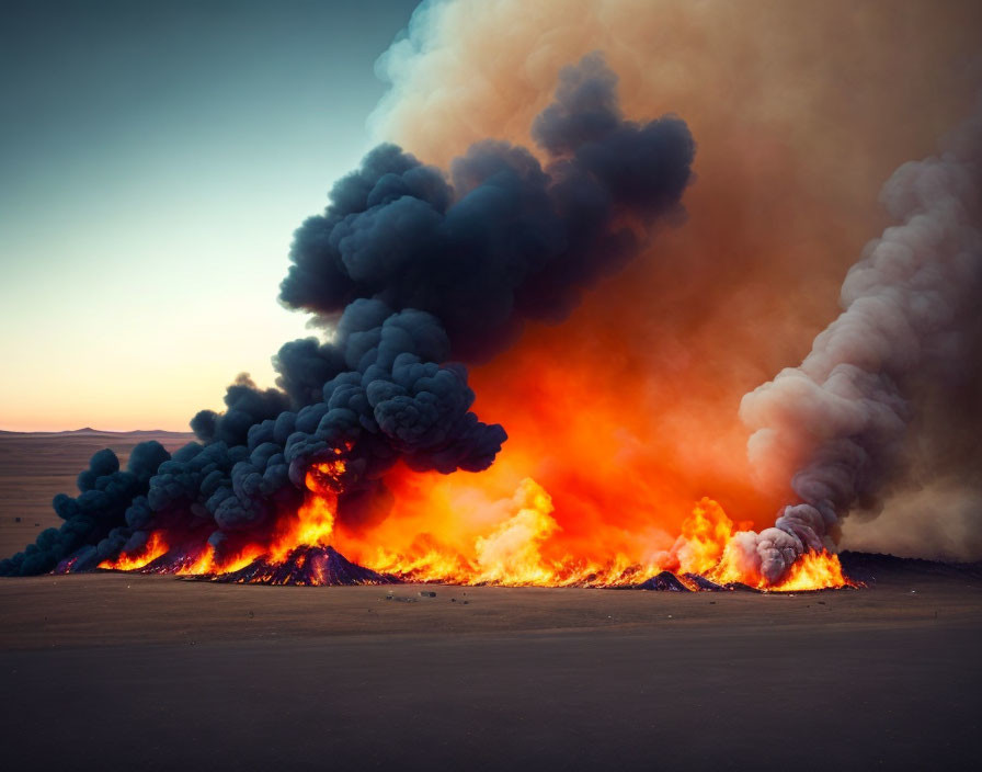 Intense flames and thick smoke in barren landscape at dawn or dusk