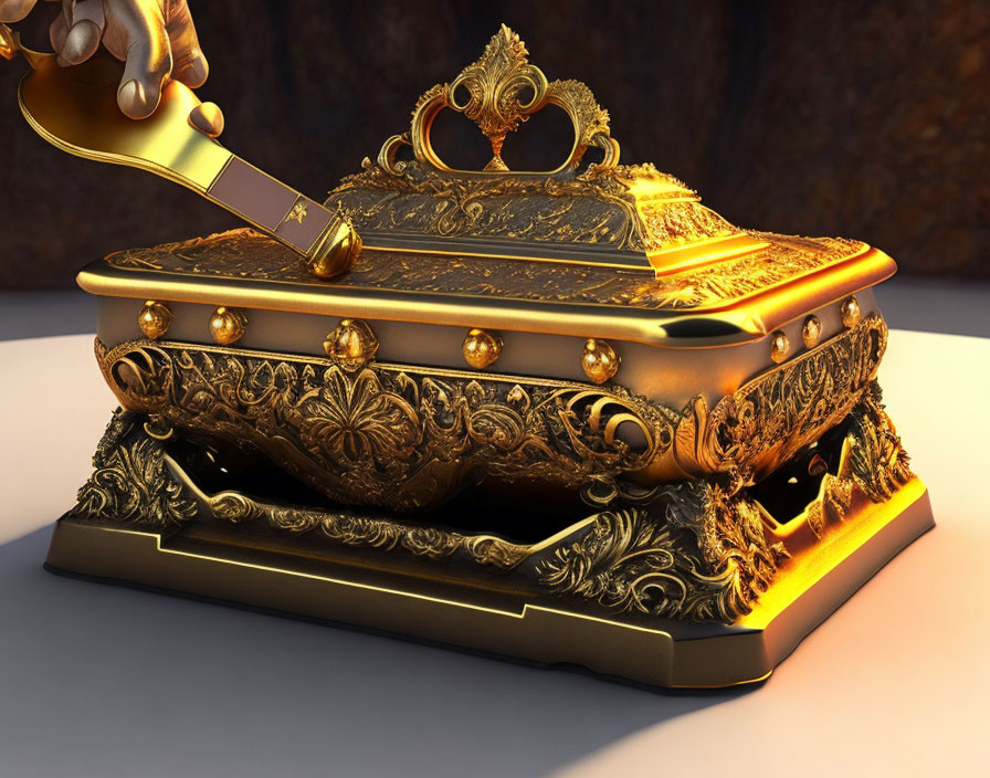 Golden ornate book opened by hand with page separator on glowing stand