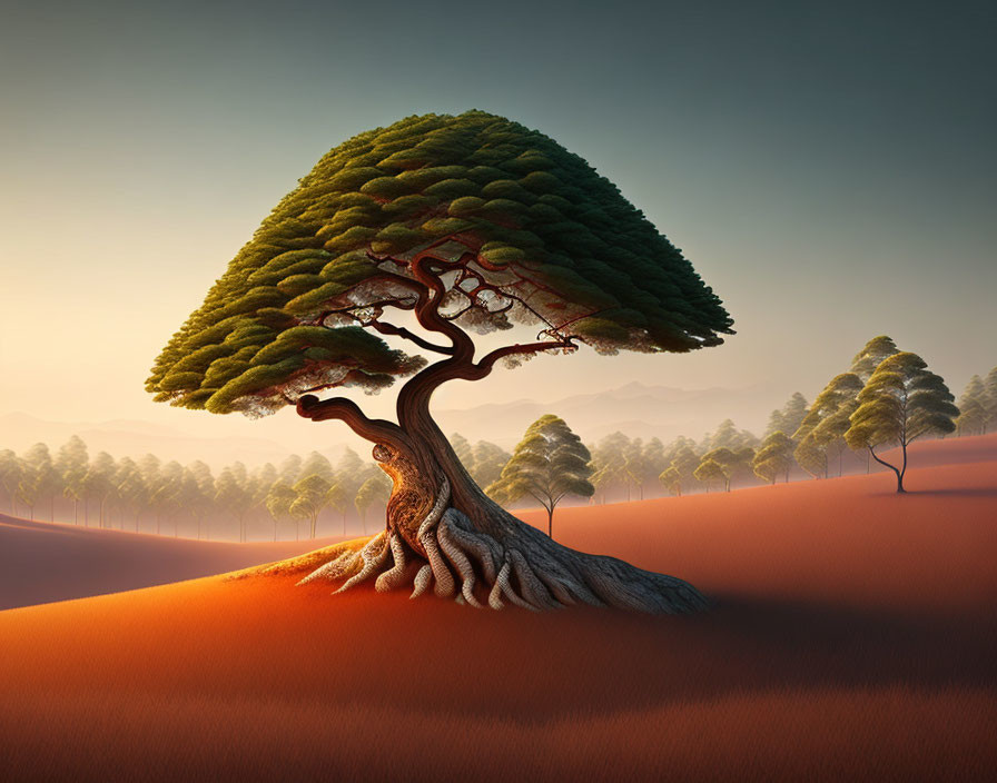 Surreal image of oversized tree with broccoli-like canopy on sandy hill