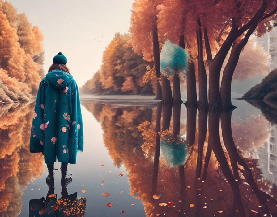 Person in teal cloak and beanie by calm river with autumn trees.