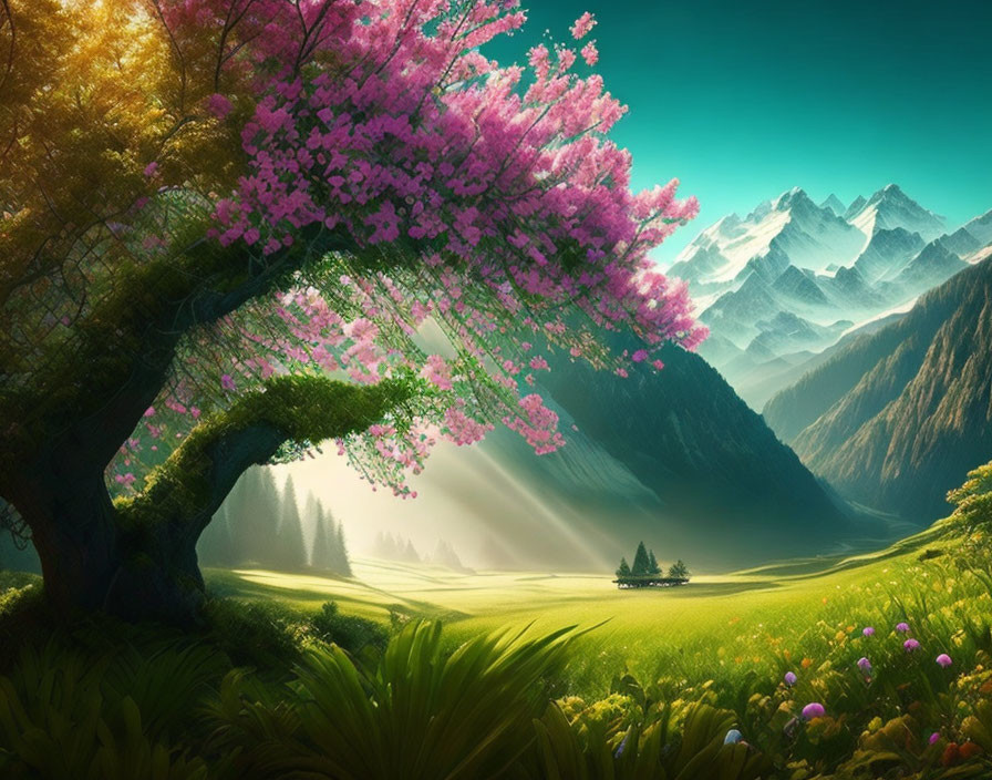 Vibrant landscape with blooming pink tree, green grass, misty mountains, bright sky