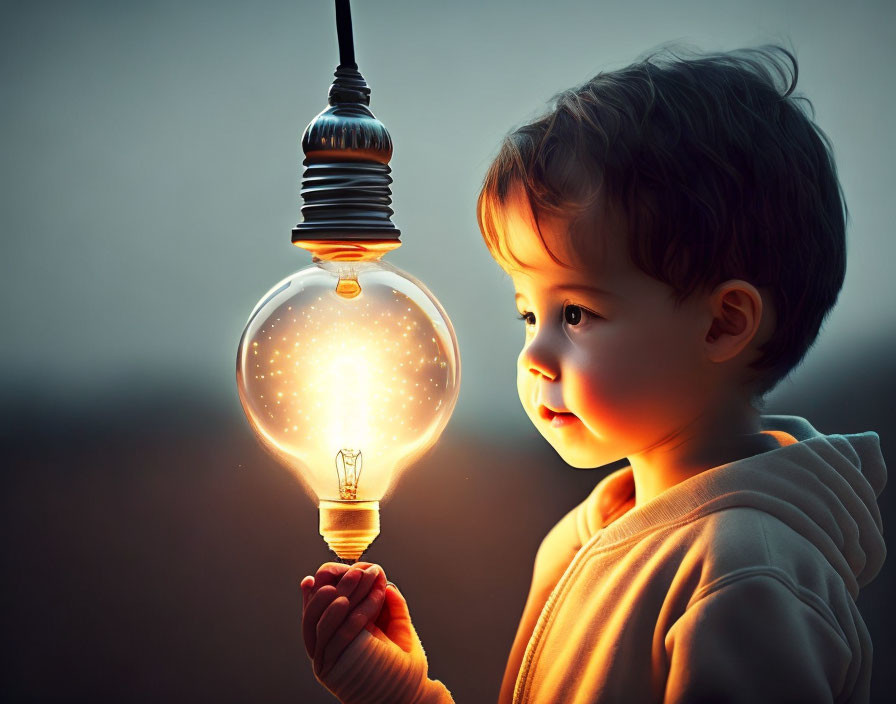 Toddler mesmerized by glowing light bulb in dim setting