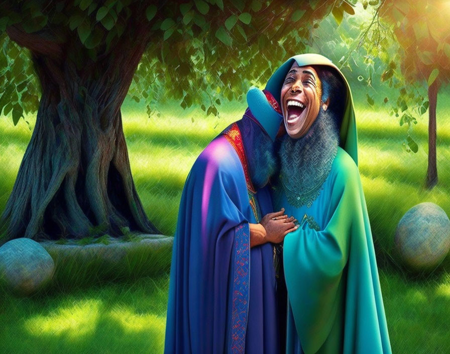 Animated scene: Two characters embrace under a tree in soft, magical light