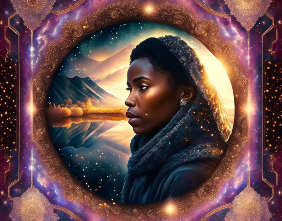 Woman's profile against cosmic backdrop with mountains and stars in ornate frame