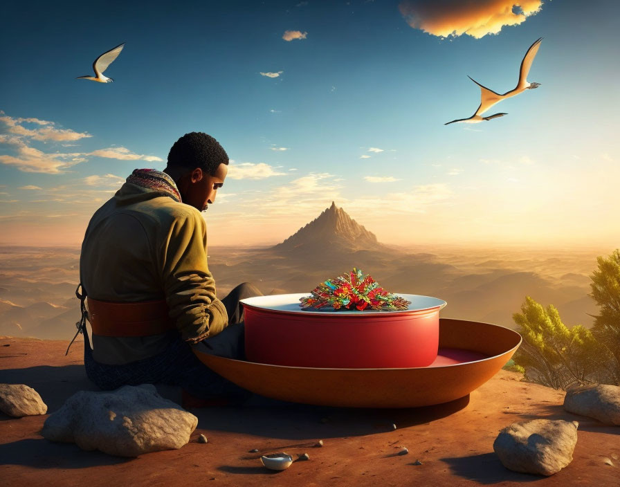 Person sitting by giant red bowl of strawberries on mountain with birds flying at sunset