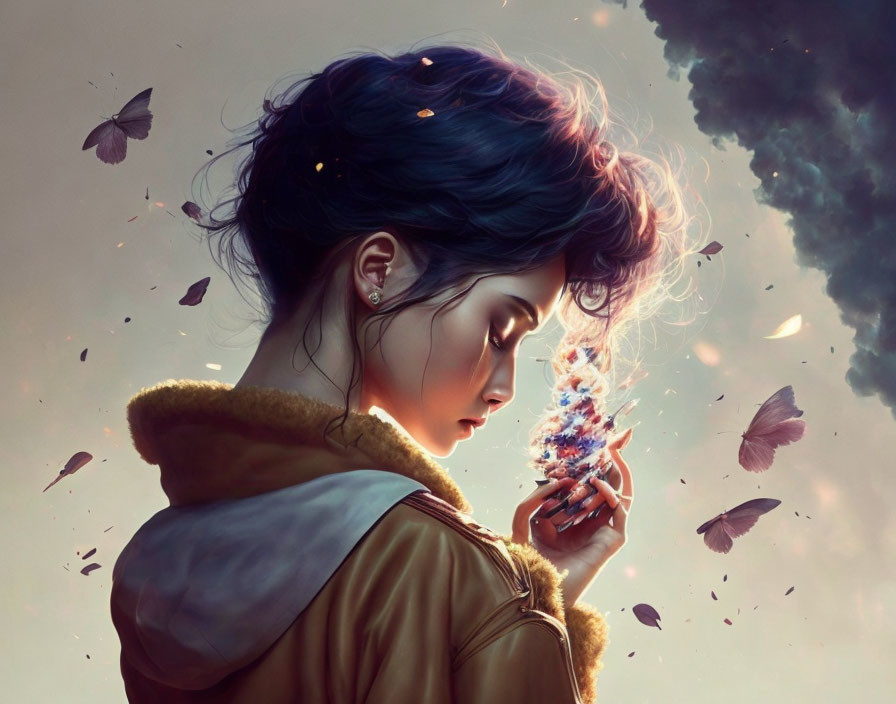 Dark-haired woman with blue tinge holding mystical object among butterflies under moody sky