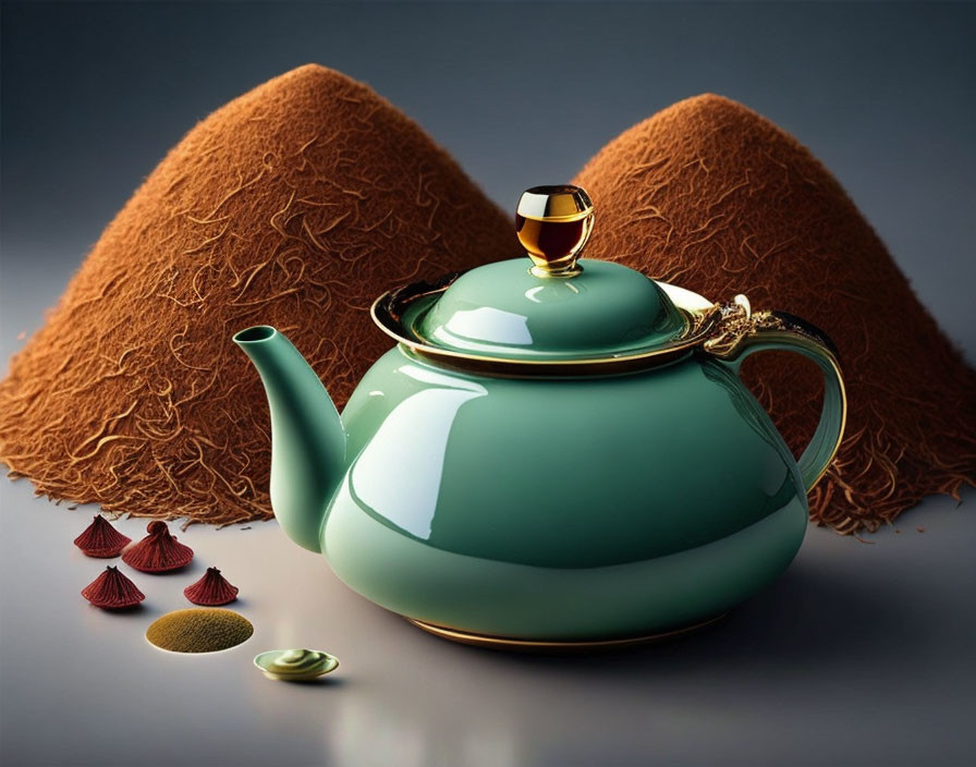 Teal Teapot with Golden Handle on Brown Conical Structures