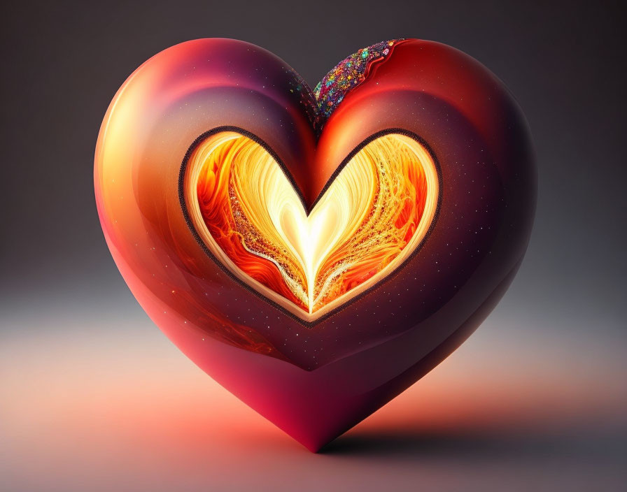 Digital image: Fiery heart with molten core and lava-like outer layer on gray background