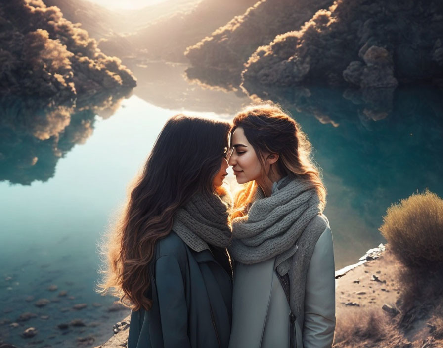 Two Women Affectionately Touching Foreheads by Calm Lake