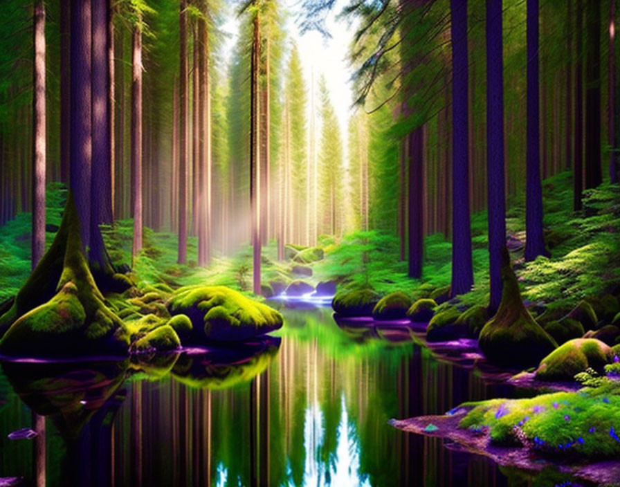 Tranquil forest scene with moss, trees, stream, and sunlight