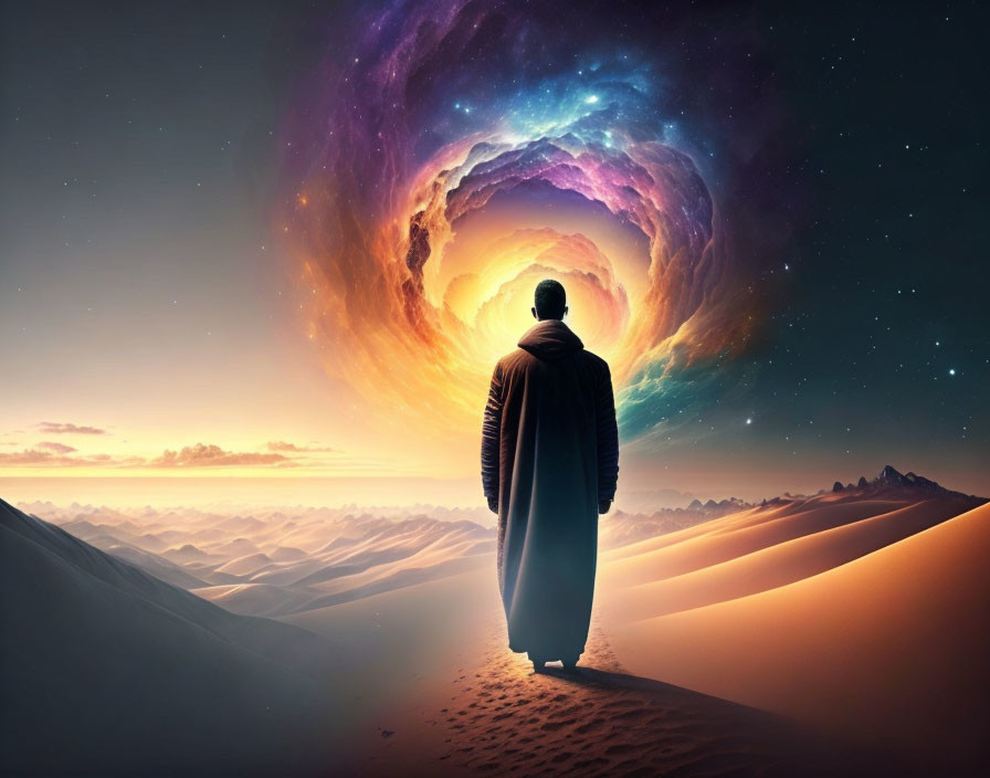 Cloaked figure gazes at colossal spiral galaxy in desert twilight