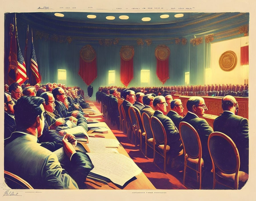 Formal audience in ornate hall with American flags and curtains.