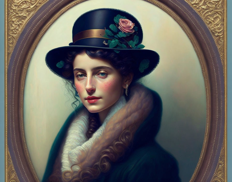 Portrait of woman with rosy cheeks in black top hat and fur stole