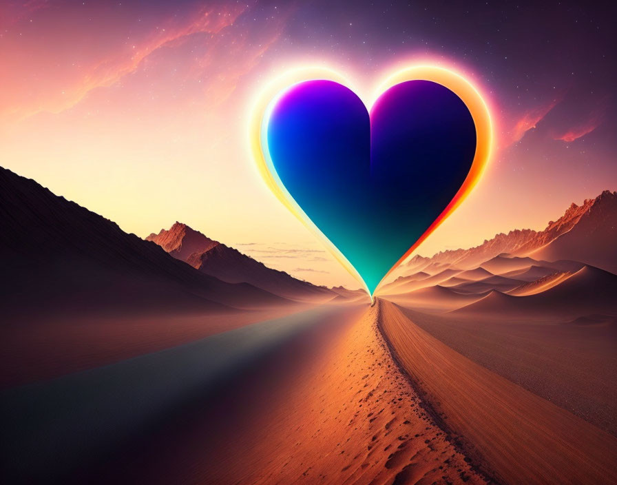 Colorful Heart-Shaped Aurora Over Desert Landscape at Twilight