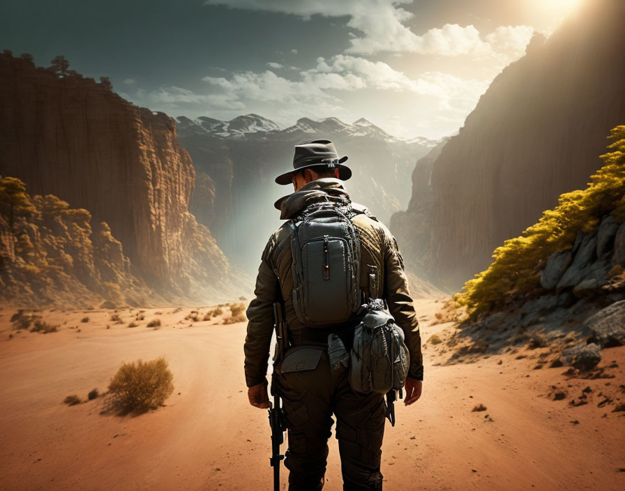 Traveler with backpack at sunlit canyon entrance surrounded by rocky cliffs