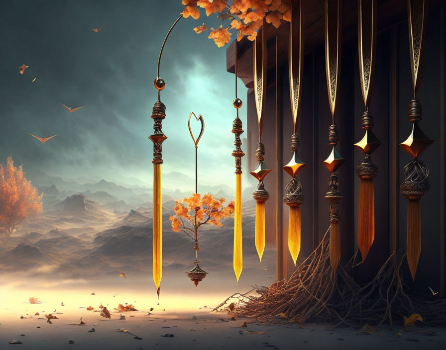 Giant glowing swords, lantern, leaves in fantasy landscape