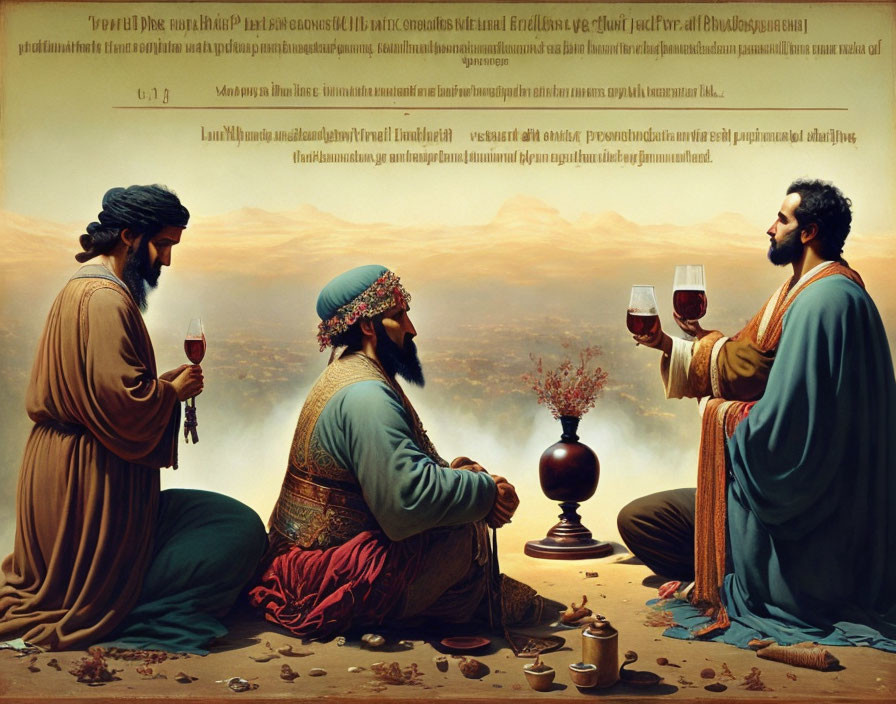 Three men in Middle Eastern attire toast on rug with desert & volcano in background