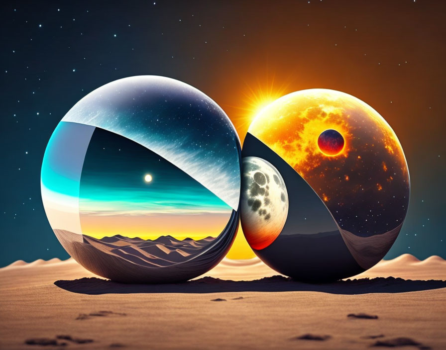 Spherical objects with day and night landscapes under starry sky.