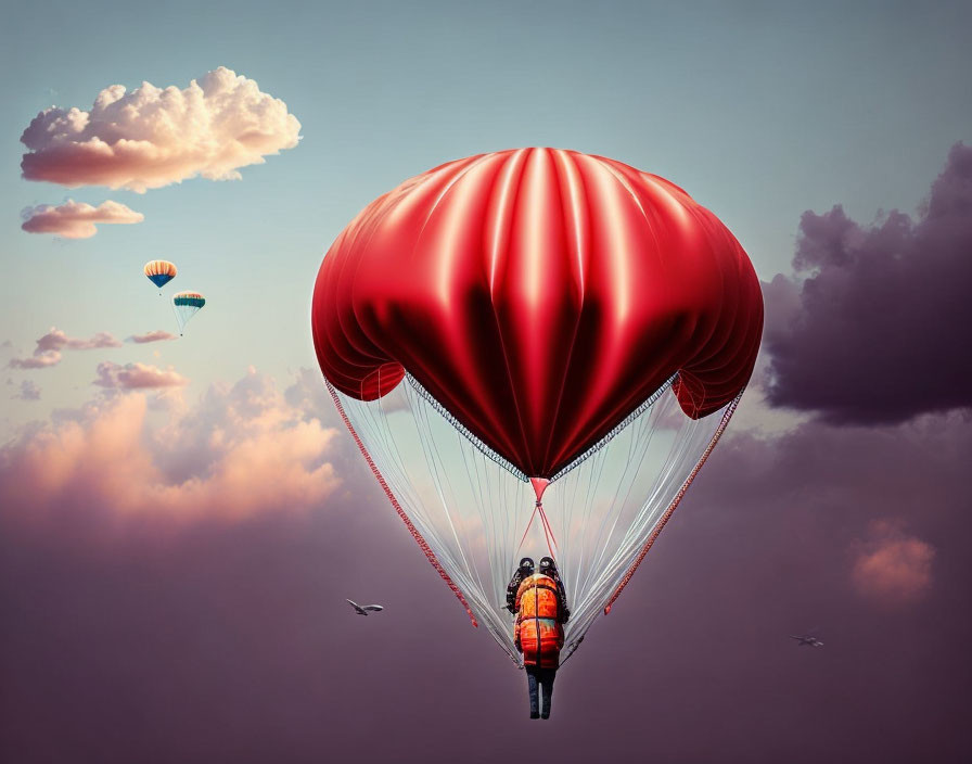 Whimsical red heart hot air balloon in purple sky with person and distant balloons