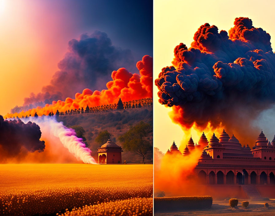 Split Image: Fiery Explosion Over Trees & Smoke Plumes Above Traditional Building at Sunset