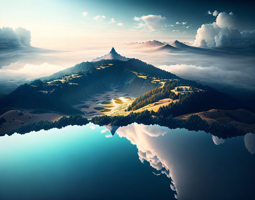 Majestic mountain peak, rolling hills, reflective water in serene landscape