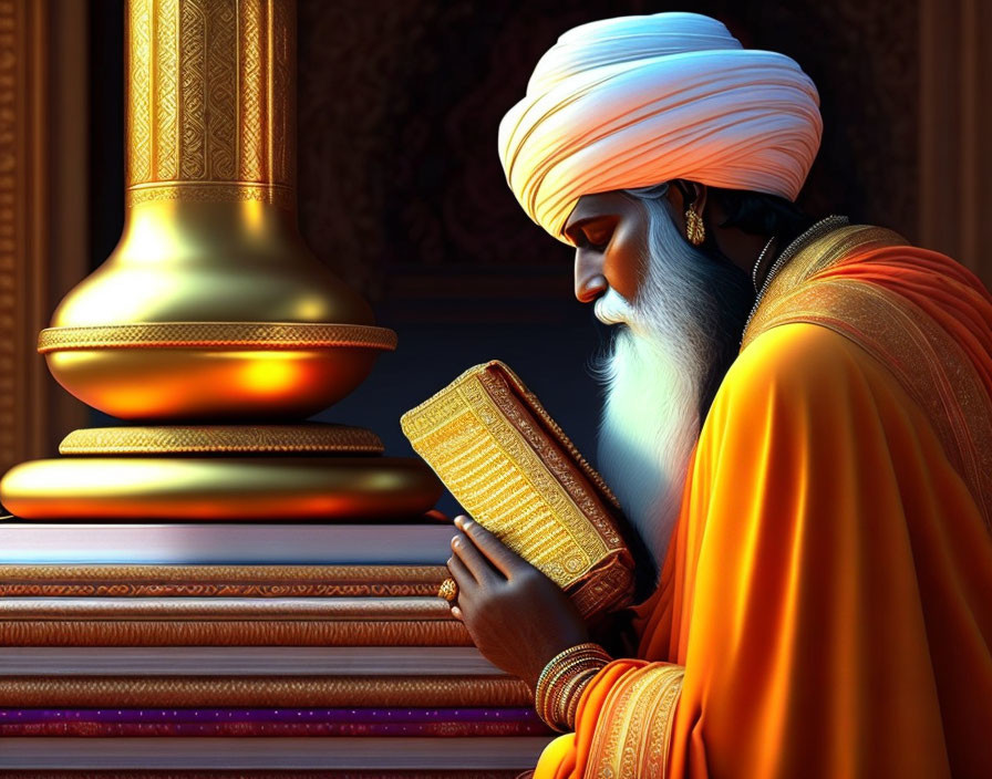 Bearded man in turban reading golden book in ornate room