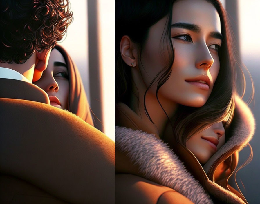 Digital artwork: Intimate moment between man and woman with warm lighting.