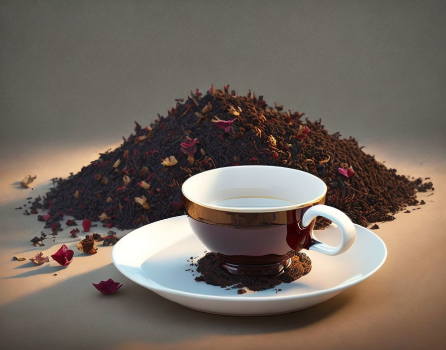 White Tea Cup with Golden Rim on Saucer, Surrounded by Loose Tea Leaves and Rose Petals