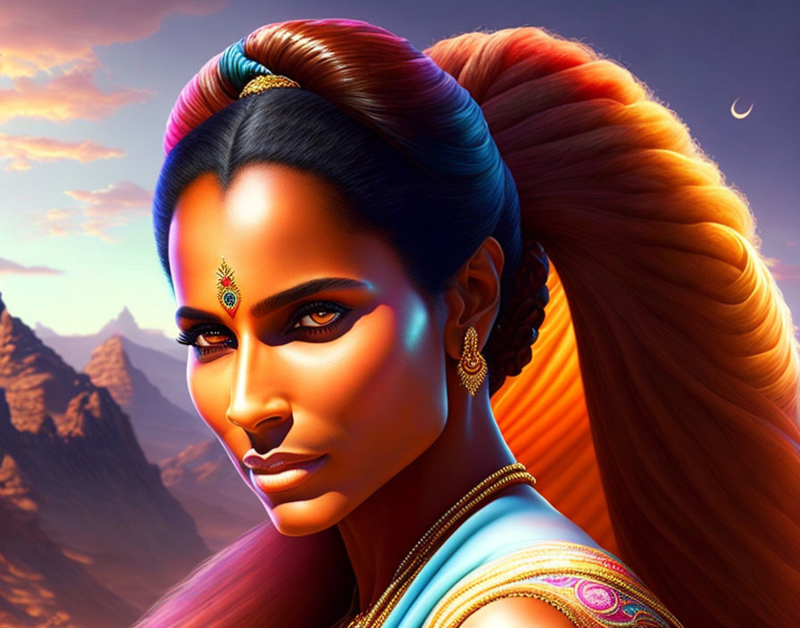 Colorful Stylized Woman with Indian Jewelry and Bindi at Sunset