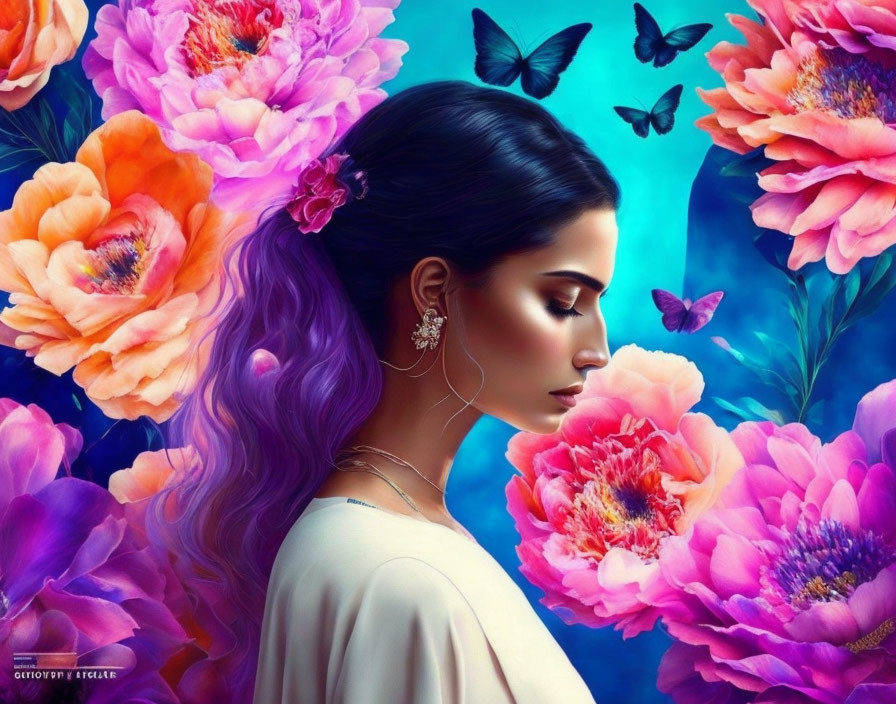 Profile of woman with purple hair against vibrant backdrop of pink flowers and butterflies