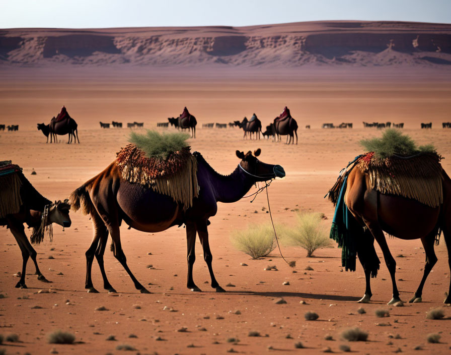 Colorful saddled camels on sandy terrain with dunes in background