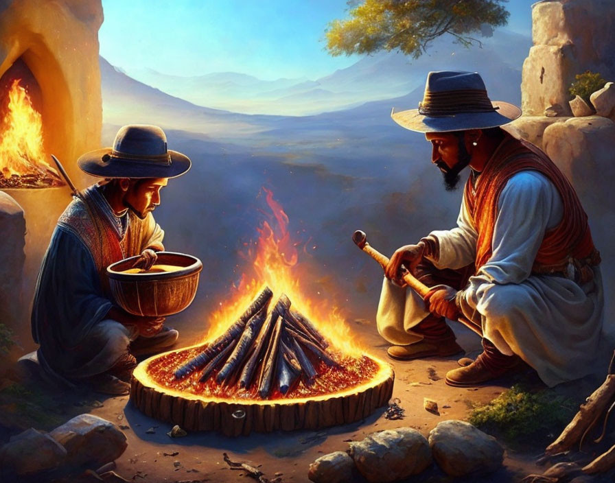 Vintage attired individuals by campfire in sunlit rocky landscape