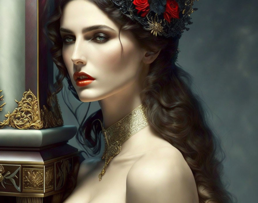 Woman with Red Lips, Floral Crown, Curly Hair, and Golden Choker