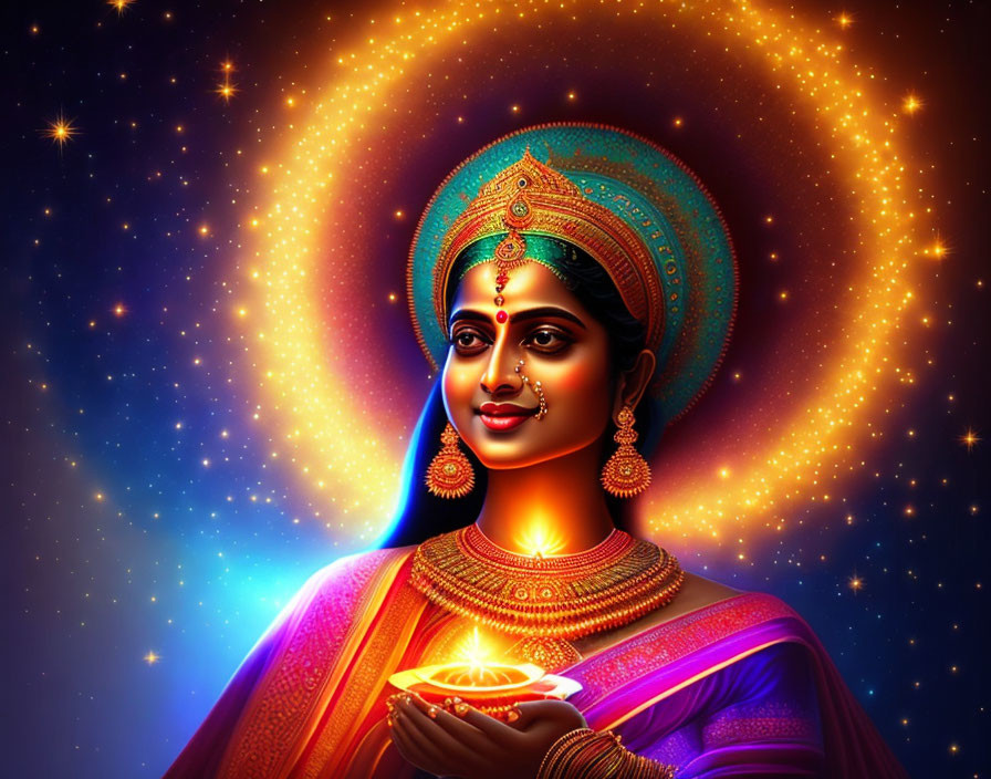 Traditional Indian Attire Woman Holding Lit Diya Against Cosmic Background