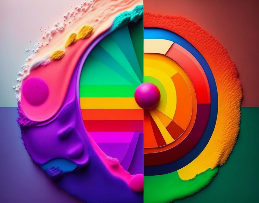 Colorful abstract image with textured split design: smooth vs. geometric.