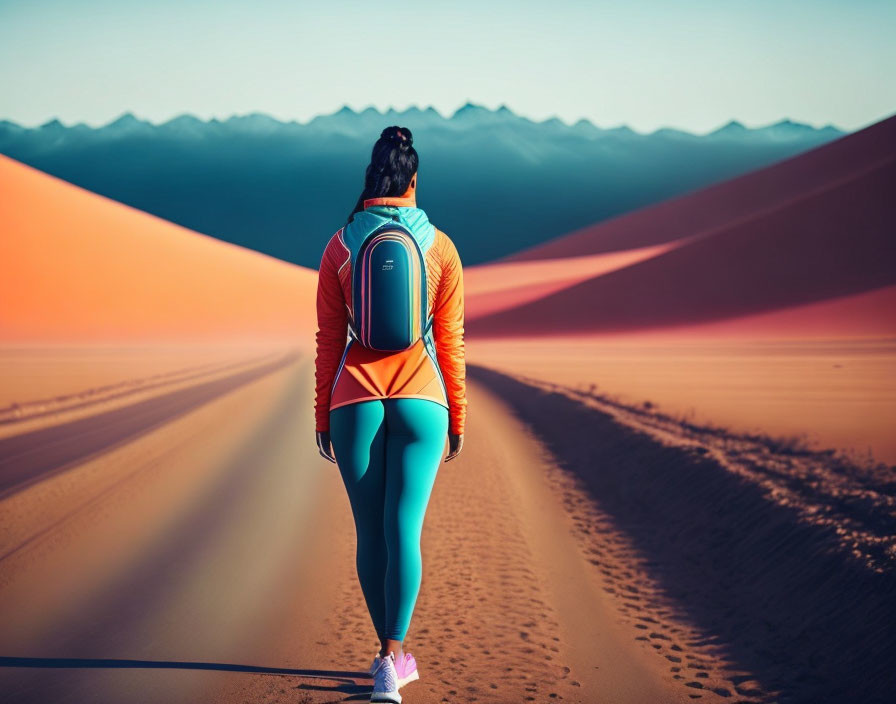 Person in Vibrant Outfit Walking Desert Trail to Mountains