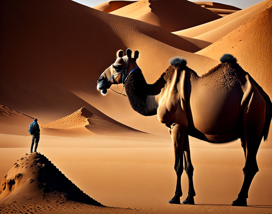 Person observing camel on sand dune under hazy sky