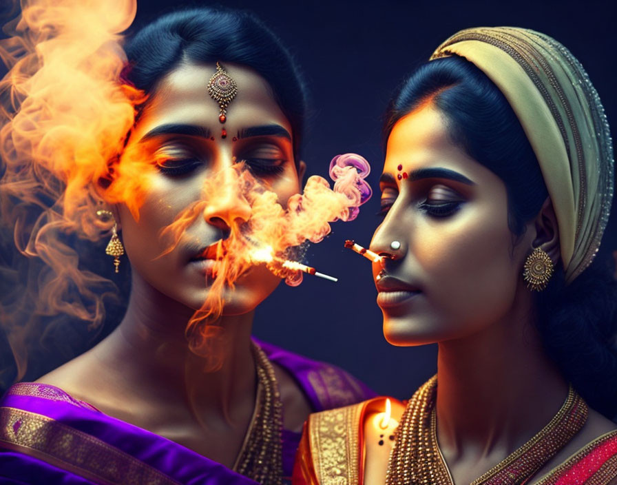 Traditional Indian attire women with swirling smoke on dark background