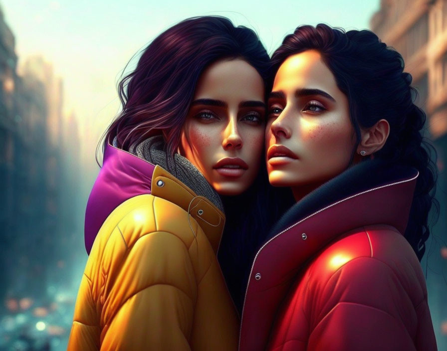 Two animated women embracing in colorful jackets against cityscape backdrop