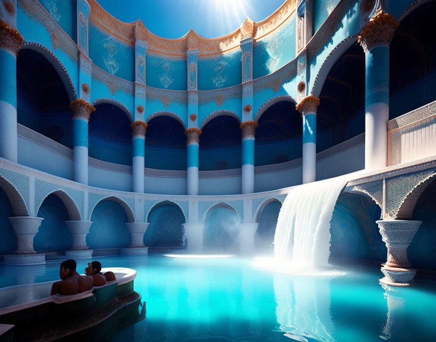 Luxurious Indoor Pool with Blue Columns, Arches, Waterfall, and Relaxing Guests