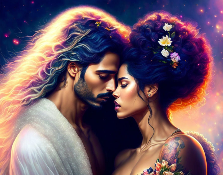 Romantic couple digital artwork with galaxy-themed hair on cosmic background