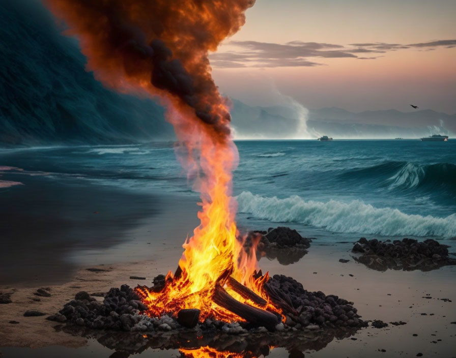 Beach bonfire with dramatic sky, large wave, misty coastline at sunset