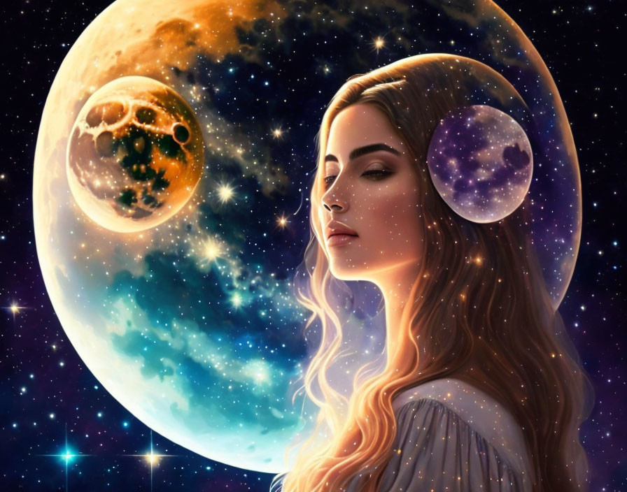 Serene woman with flowing hair against cosmic backdrop with moons and stars