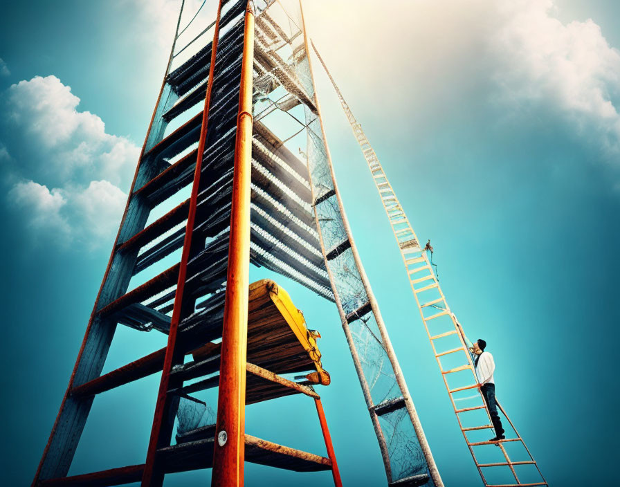 Person climbing tall ladder to platform under blue sky with clouds symbolizing ambition.