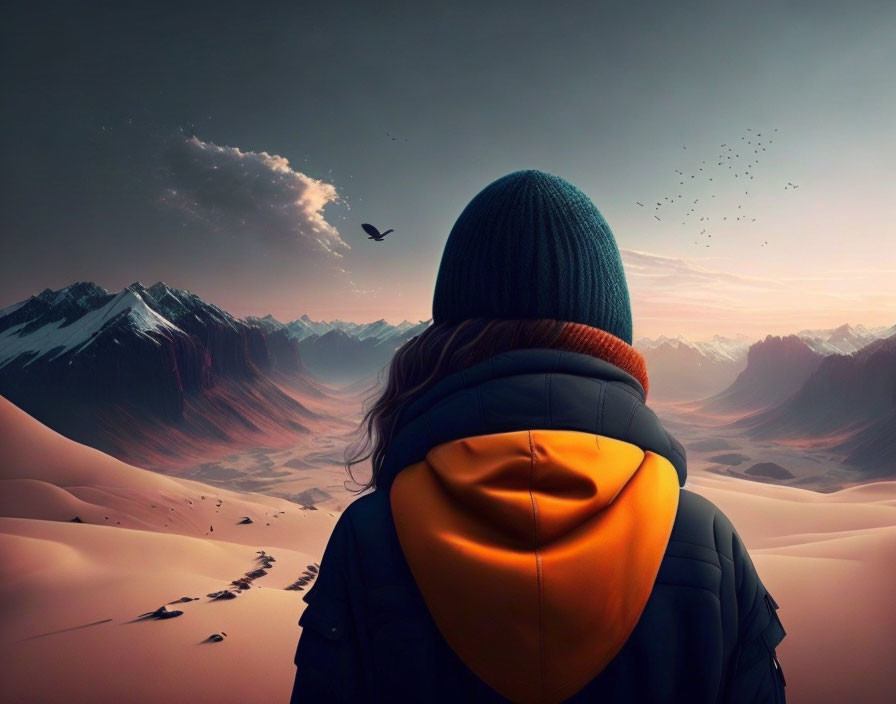 Person in winter hat and orange jacket views surreal snowy landscape with desert valley and birds in twilight sky