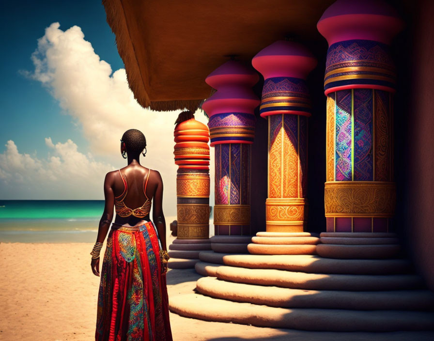 Woman in colorful dress at vibrant, beachfront building